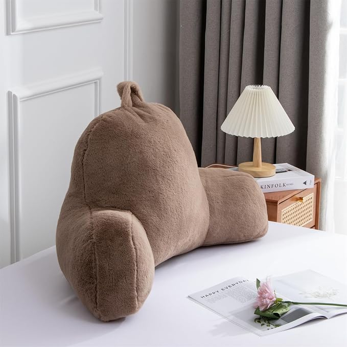 A Nice Night Faux Fur Soft Reading Pillow Bed Wedge Adult Backrest with Arms Back Support for Sitting Up in Bed/Couch for Bedrest,Khaki,Large