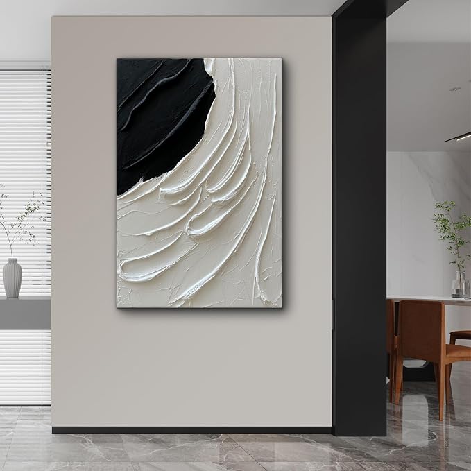 Creespi Large Hand Painted Black and White Thick Textured Wall Art 30x45 inch,Modern Minimalist Abstract Oil Painting On Canvas for Wall Decoration