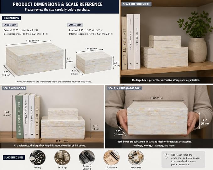 PEMAR Set of 2 Handmade Mother of Pearl Decorative Boxes with Hinged Lids, Ivory Shell Mosaic Keepsake Boxes, White Decorative Boxes for Coffee Table, Shelves, Bedroom & Home Décor & Gifts