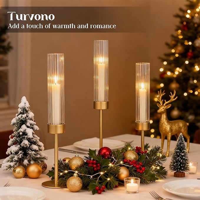Gold Candle Holders Set of 9, Hurricane Brass Candlestick Holders for Taper Candles, Tall Candle Sticks Holder for Table Decor, Wedding, Party & Home Decorations