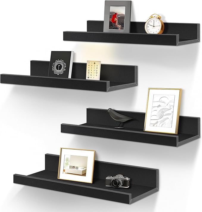 LaVie Home Floating Shelves for Wall Storage Set of 4, 15.6 Inch Picture Ledge Shelf, Black Wall Shelves with Lip for Kitchen, Bedroom, Bathroom, and Living Room