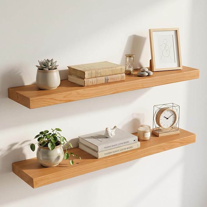 36 inch Floating Shelves for Wall, High End Solid Real Wood Floating Shelf with Heavy Duty Invisible Bracket 36in Long Wooden Wall Shelves for Living Room, Bedroom, Kitchen, Bathroom, Set of 2,Natural