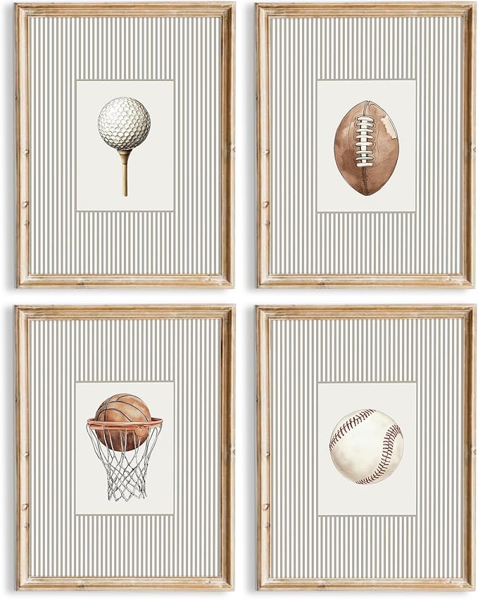 Sports Wall Art Decor Toddler Boys Room Canvas Prints Vintage Sports Nursery Wall Decor Kids Poster Football Baseball Pictures Basketball Golf Painting Artwork for Bedroom 12x16 Inch Unframed Set of 4