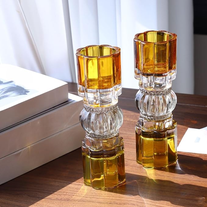 VOHO Amber Votive Candle Holders for Fall Decor, Set of 2 Vintage Tealight Candle Holder for Coffee Table Mantle, Tall Votive Holder Jazzy Glass Mix for Centerpiece(7.87x2.75 in W/H, Shades of Amber)