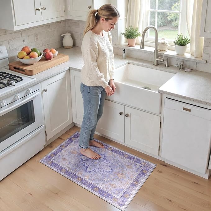 RELEANY Area Rugs 2'6''x4' Kitchen Rugs Entry Rug Small Rugs for Entryway Kitchen Bathroom Door Mat Indoor Entrance,Washable Non Slip, Light Purple Brown