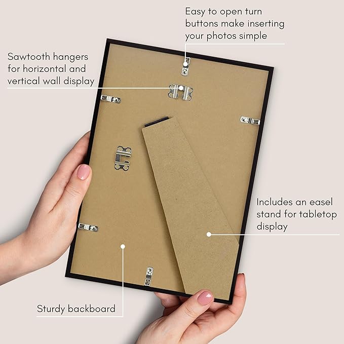 Americanflat 9x13 Picture Frame with Shatter-Resistant Glass - Streamline Collection - Thin Border Photo Frame for Tabletop and Wall Display - Hanging Hardware and Easel Stand Included - Black