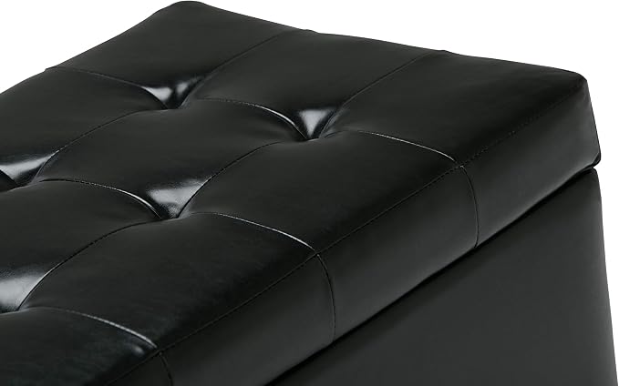 SIMPLIHOME Cosmopolitan Storage Ottoman - 34 inch Wide Upholstered Vegan Leather Rectangle Storage Ottoman Bench in Midnight Black, Transitional Tufted Ottoman for Living Room with Lift-Up Lid