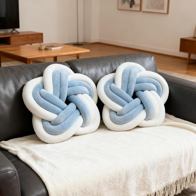 2Pcs Knot Pillow Ball，Soft Home Decorative Round Throw Pillow，Handmade Knotted Plush Pillow，Star-Shaped Round Boucle Pillow Cushion (Blue)