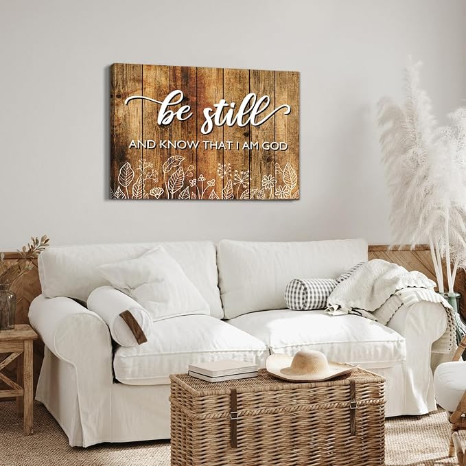 Farmhouse Be Still and Know That I Am God Signs Wall Art Christian Inspiring Prints Religious I Am God Canvas Framed Painting Bible Verse Quote Poster Bedroom Living Room Prayer Home Decoration 24x36