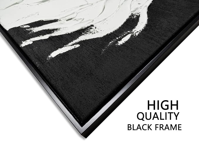 Sofoney - Black Framed Black and White Textured Wall Art Hand Painted 3D Plaster White Horse Oil Painting Modern Minimalist Canvas Wall Decor for Living Room Bedroom - 24"x32"