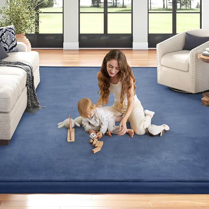 Baby Play Mat for Floor Nursery Rug Muscle Mat Area Rug Playroom Rug 79"x138" Playpen Mat Elastic Foam 1.3" Thick Crawling Mat for Babies,Toddlers, Infants, Kids,Sapphire Blue