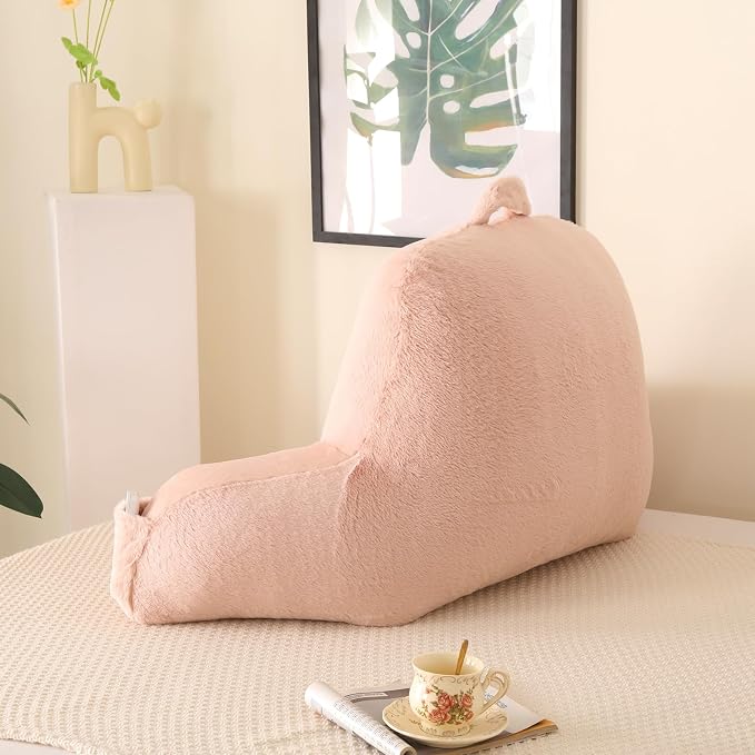 Soft Reading Pillow for Bed with Arms,Middle,Light Pink,Faux Fur | 17" Backrest with Arms for Gaming & Lounging,Oeko-TEX Certified Plush Back Pillow for Teens Room