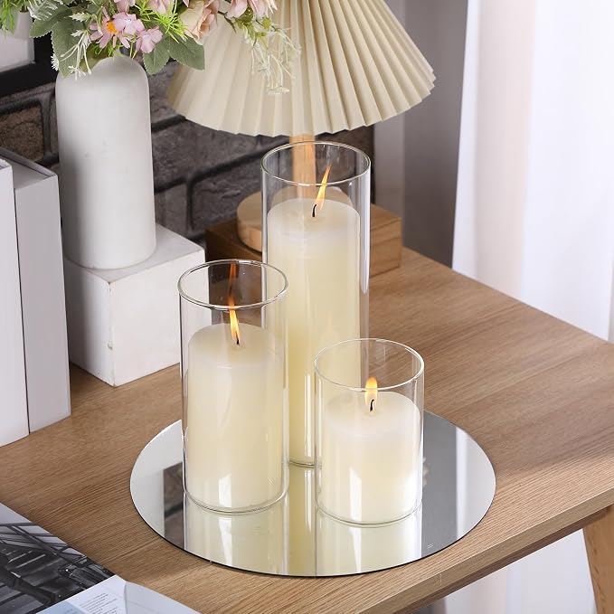 Shihanee Set of 6 Pillar Candles with Glass Cylinder Vases Clear Cylinder Hurricane Candleholders for Slim Tall Pillar Candles Wedding Table Centerpieces(3'' X 5.9", 7.9", 9.8",Ivory)