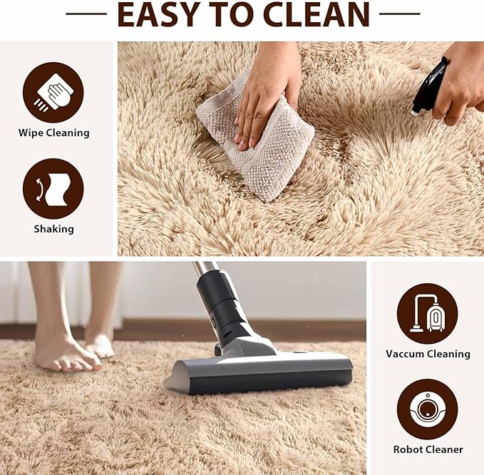 FinRèc 8x10 Feet Rugs for Bedroom Living Room, Tan Fluffy Plush Area Rug, Non-Slip High Pile Shaggy Rug for Kids Room Dorm Room Home Decor, Indoor Solid Shag Floor Carpet