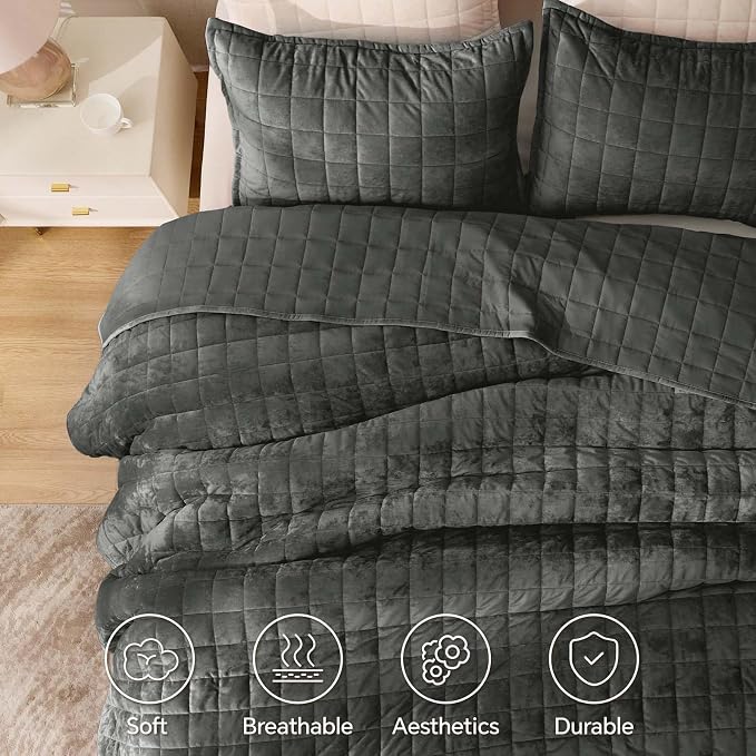 BEDELITE Velvet Quilt Set King Size - Luxury Soft Velvet Comforter Bedding Set for All Season, Lightweight Quilted Box Stitch Oversized Bedspread Coverlet with 2 Matching Shams, Dark Grey