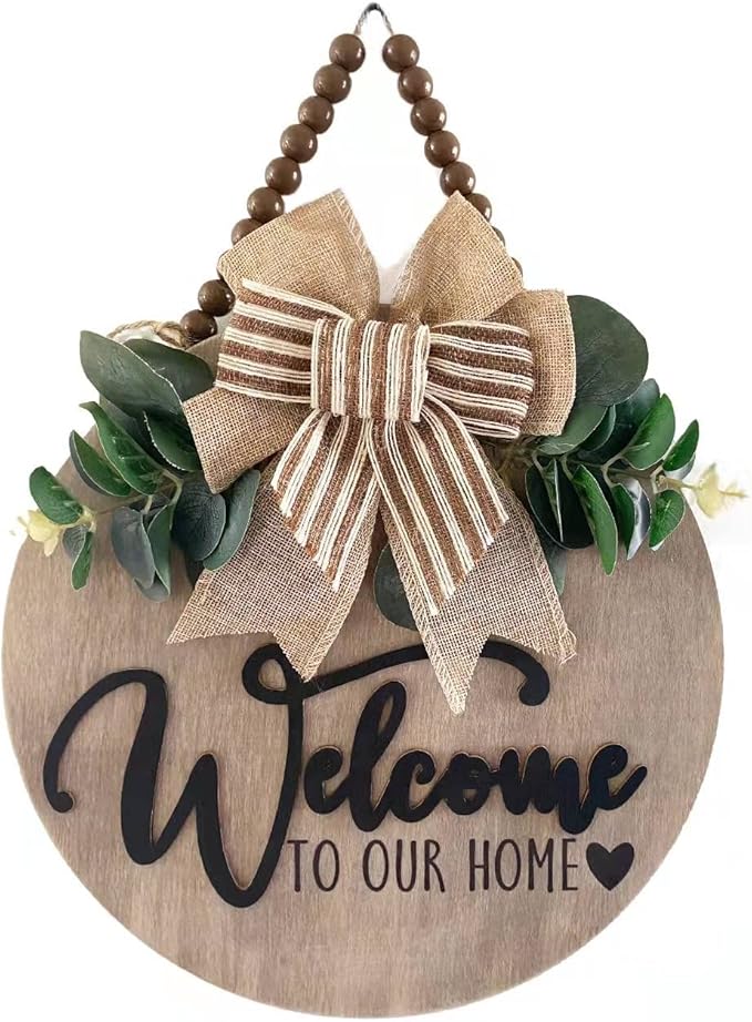 Condorpasea 3D Welcome Sign for Front Door | Home/Farmhouse Porch Décor Wooden Hanging Sign with Artificial Leaves and Rustic Beads | Christmas Classroom |12" Round