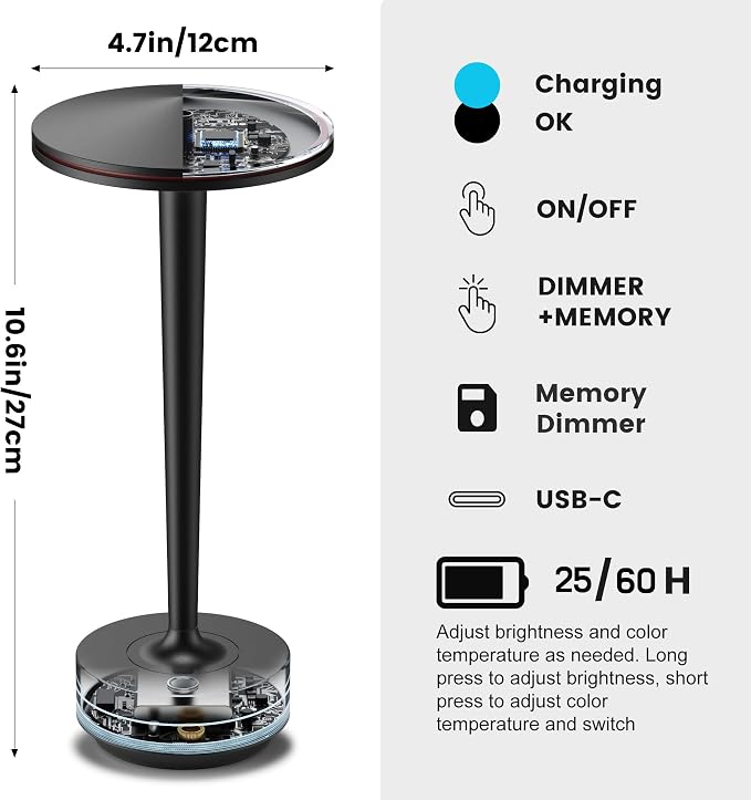 Cordless Table Lamps,6000mAh Rechargeable Battery,Portable LED Lamp with 60H Runtime,3 Color Modes&Stepless Dimming,Waterproof Metal Lamp for Patio,Restaurant Bedroom Dining Black