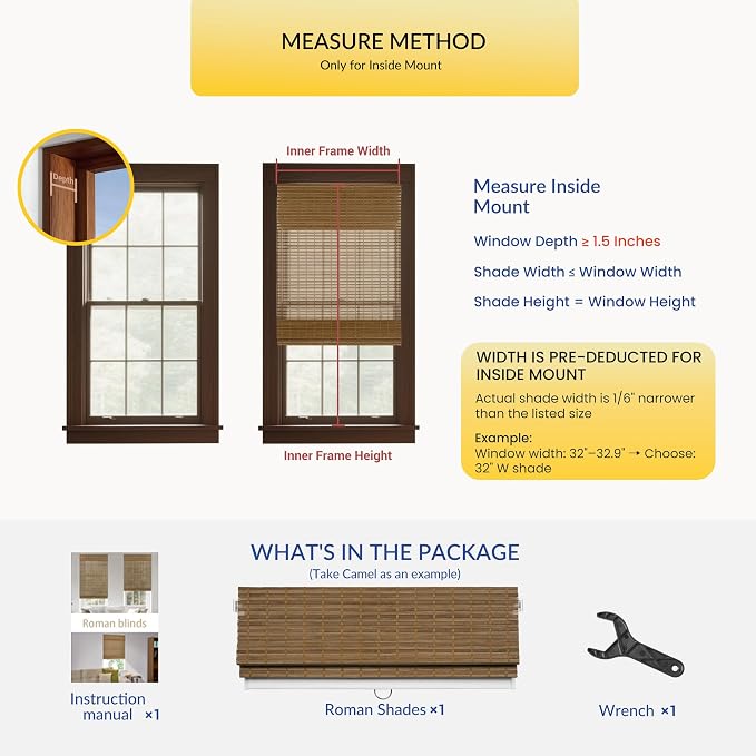 No Drill Double Bamboo Roman Shades for Windows, Day Night Cordless Roman Blinds for Indoor Windows, Thermal Insulated Window Shades for Home Blackout & Light Filtering, Camel, 30" W x64 H