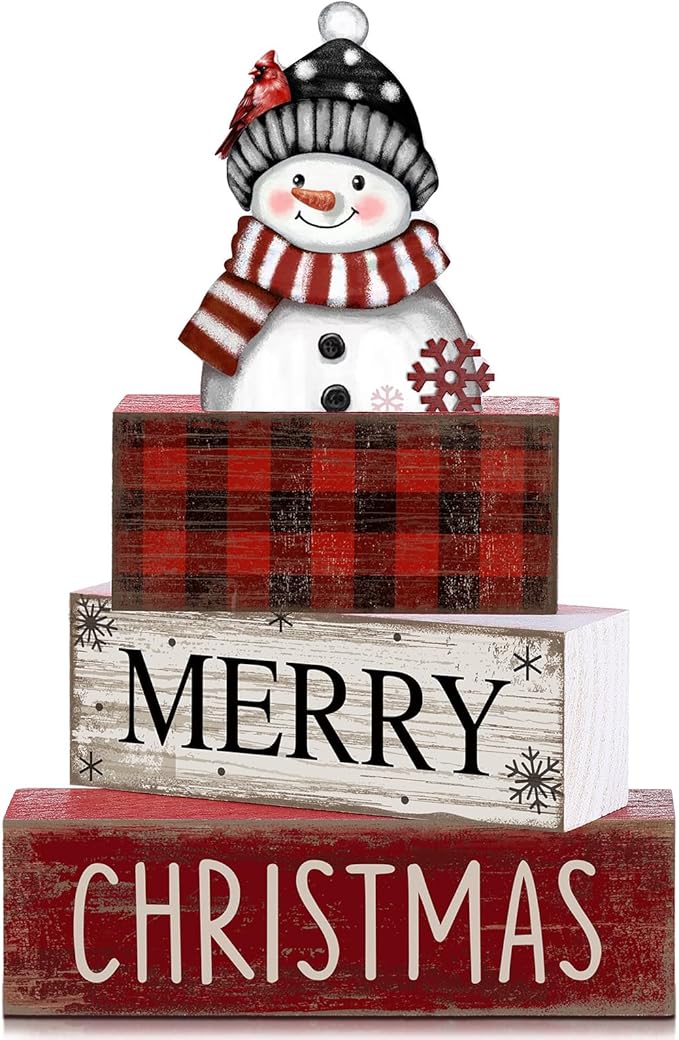 Lineshading 4 Pcs Winter Table Decoration Wooden Snowman Christmas Tiered Tray Decor Red Buffalo Plaid Block Signs Snowman Table Centerpiece Farmhouse Winter Decoration for Home Kitchen Shelf