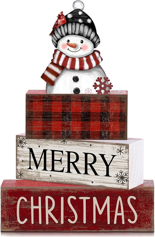 Lineshading 4 Pcs Winter Table Decoration Wooden Snowman Christmas Tiered Tray Decor Red Buffalo Plaid Block Signs Snowman Table Centerpiece Farmhouse Winter Decoration for Home Kitchen Shelf