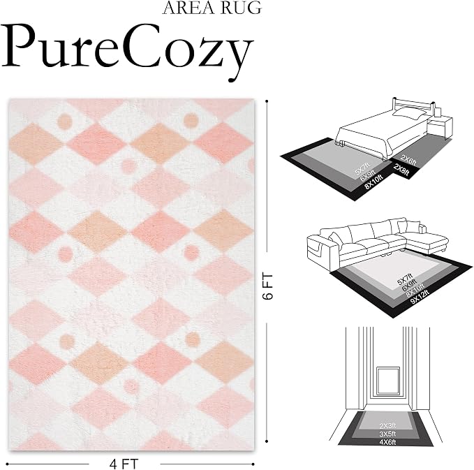 PureCozy Checkered Rug 4x6 Fluffy Shag Living Room Pink Area Rug Modern Washable Carpet Soft Shaggy Non Slip Indoor Plush Fuzzy Rugs for Bedroom Dorm Office Home Aesthetic Decor