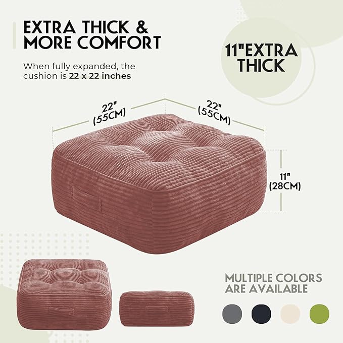 11In Washable Floor Pillow for Adults, Yoga & Meditation Cushion with Handle, Square Large Pillows Seating with Removable Tufted Corduroy Cover for Tatami Living Room Board Games (Pink)