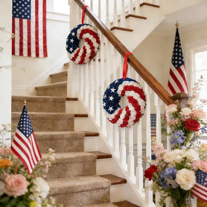 Idyllic 2 Pcs Patriotic Wreaths, 10 Inch 4th of July Decorations with Red White Blue Roses & Stars - Independence Day Wreaths for Front Door, Double Pack Holiday Decor