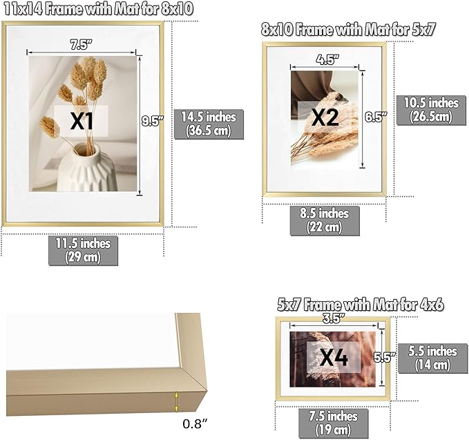 Golden State Art, Aluminum Gallery Wall Frame Set of 7 - Includes One 11x14, Two 8x10, and Four 5x7 - Metal Frames with Mat & Real Glass Cover for Elegant Home or Office Decor (Style 2, Gold)