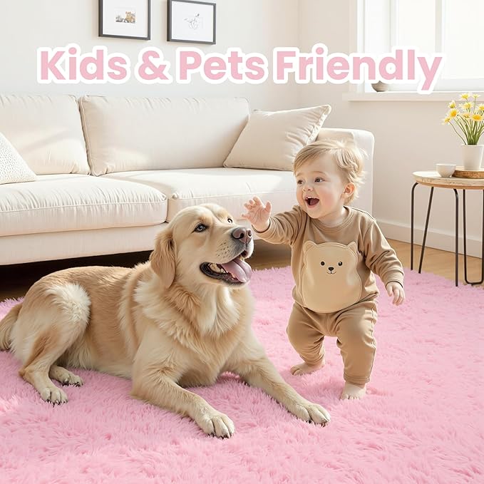 5x7 Area Rugs for Living Room Rug: Soft Fluffy Shag Light Pink Rugs for Bedroom, Non-Slip Large Fuzzy Plush Rug Indoor Floor Carpet for Nursery Kids Boys Girls Room, Dorms, Playroom, Modern Home Decor
