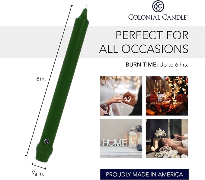 Colonial Candle Unscented Taper Candle, Classic Collection, Evergreen, 8 In, Pack of 12 - Up to 6 Hours Burn