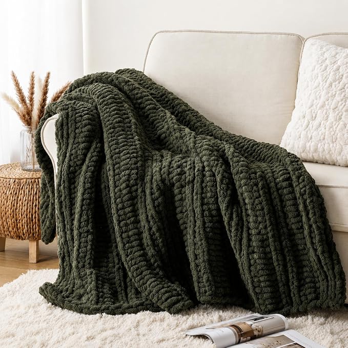 Battilo Chunky Knit Throw Blanket for Couch, 50"x60", Olive Green | Hand Knit, Gift Blanket, Cozy Warm Thick Soft Chenille Throw Blanket for Bed, Sofa, Living Room