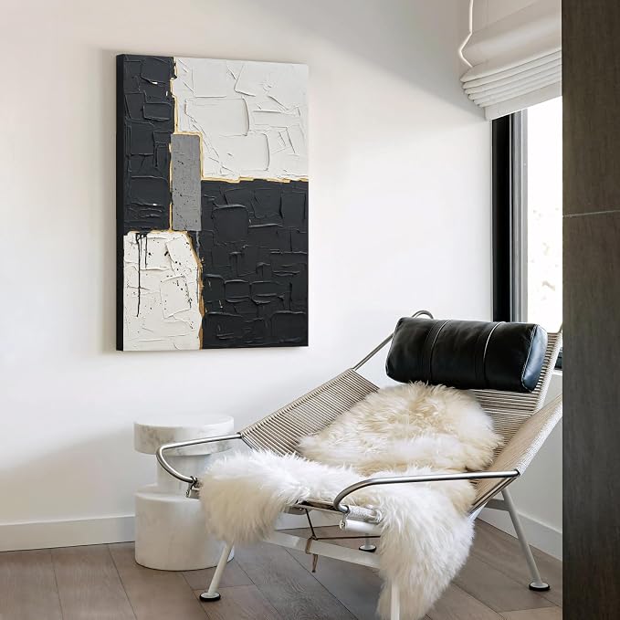 Minimalist Abstract Black & White Geometric Canvas Wall Art for Living Room | Modern Hand-Painted Textured Oil Painting Artwork for Bedroom Hallway, Large Original Wall Decor for Home Decor Gifts 24x36"