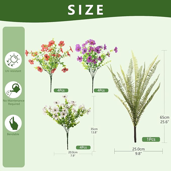 INQCMY Artificial Flowers for Outdoor 12 Pcs Faux Silk Daisy and 1 Pcs Fake Long Leaved Grass UV Resistant Tall Ferns for Home Doorway Courtyard Garden Backyard Decorative