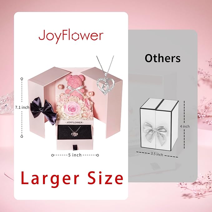 JoyFlower Preserved Flowers with Necklace Gifts for Mom, Unique Pearl Rose Eternal Flower Bear with Necklace Gift for Grandma, Preserved Real Pink Roses Mother's Day Birthday Gift for Mother Grandma