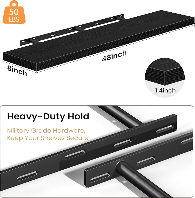 Fun Memories Floating Shelves for Wall, 48 Inch Long Set of 2 Rustic Wood Wall Shelves with Invisible Brackets, Heavy Duty Storage Display for Living Room Bedroom Kitchen, Black