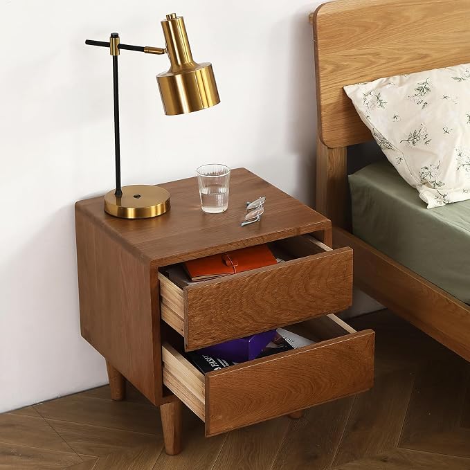 Solid Oak Wood Nightstand, Bedside Table with 2 Drawer, Mid-Century Luxury Night Stand, Modern Sofa Side End Table, Farmhouse Wooden Night Stand Bedside Table for Bedroom, Easy Assembly, Light Walnut