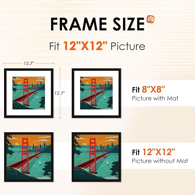 FIXSMITH 12x12 Picture Frame Set of 2, Photo Frame with HD Plexiglass, Display Pictures 8x8 with Mat or 12x12 Without Mat, Black Picture Frames Collage Wall Decor, Gallary Wall Frame