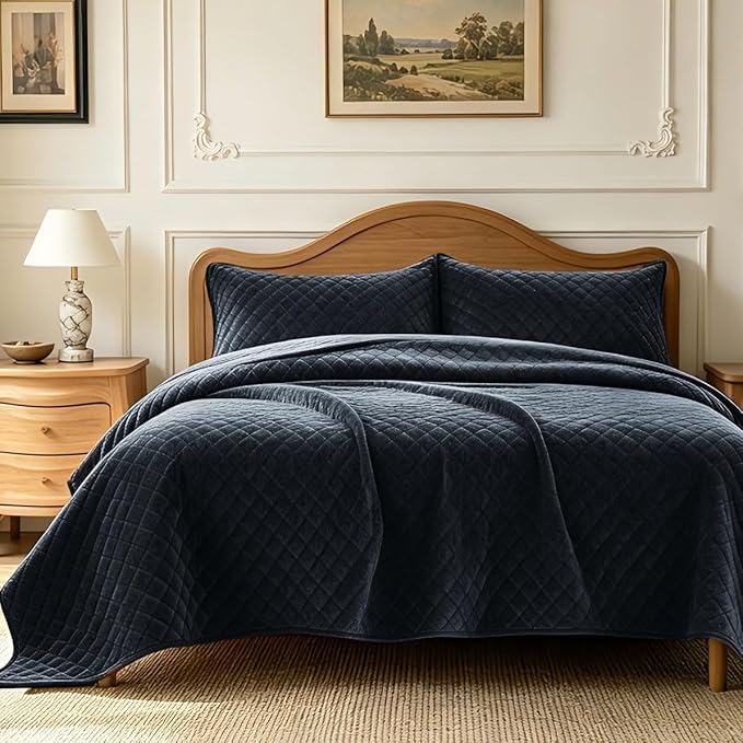3-Piece Velvet Quilt Set Oversized King Size 120"x120" Bed Blanket Quilted Bedspread Soft Luxury Bedding with 2 Pillow Shams 20''x36'' for All-Season Blue-Gray