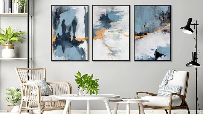 Large Framed Abstract Wall Art - Natural Framed Canvas Pictures for Living Room Modern Canvas Prints Grey Blue for Bedroom, Black Float Frame Art for Home Office Kitchen Decor 24" X 36" X 3pcs