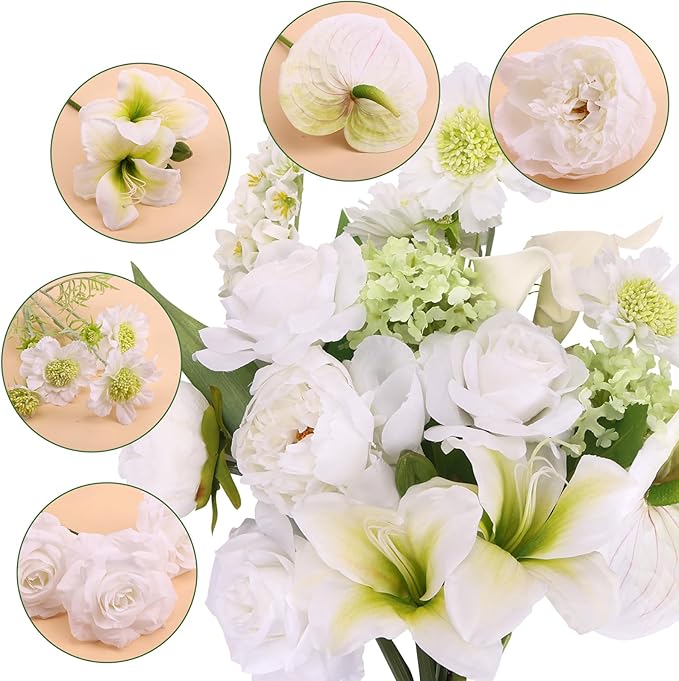CEWOR Artificial Flowers Fake Flowers for Vase Silk Faux Flowers for Wedding Bouquets Flower Arrangements Floral Table Centerpieces Home Kitchen Garden Party Décor (White)
