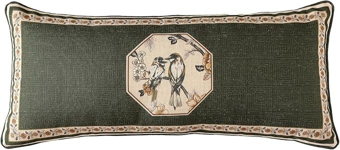 ISAENNE Vintage Elegant Linen Rectangle Throw Pillow Cover,28"x12"-Murad E | Designer French Green Pillow Cover,Concealed Zipper Design,Floral and Bird Pattern,Sofa,Bedroom,Living Room,Lounge Chairs
