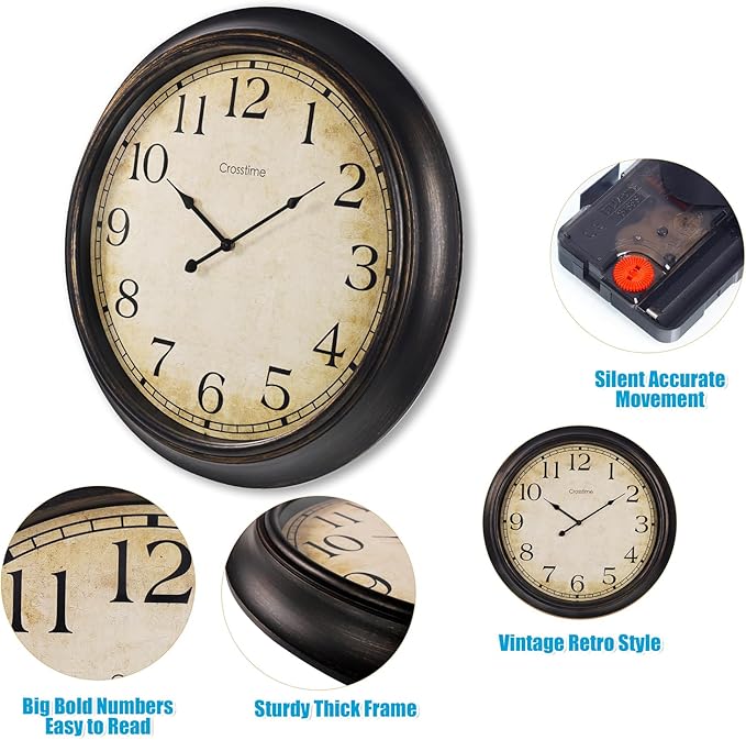 Crosstime 24 Inch Wall Clock Battery Operated Silent Round Vintage Large Wall Clocks for Living Room Farmhouse Decor, Black-Brown