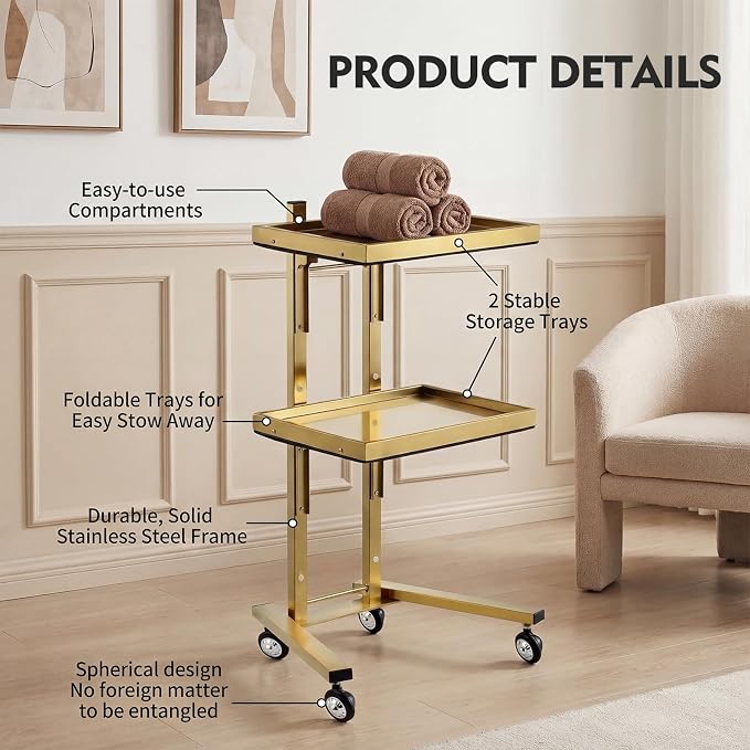 2-Tier Metal Rolling Cart – 34-Inch Folding Stainless Steel Salon Tray on Wheels, Utility Storage Trolley for Estheticians, Salon Studios and Shops, Dental Tools, Gold