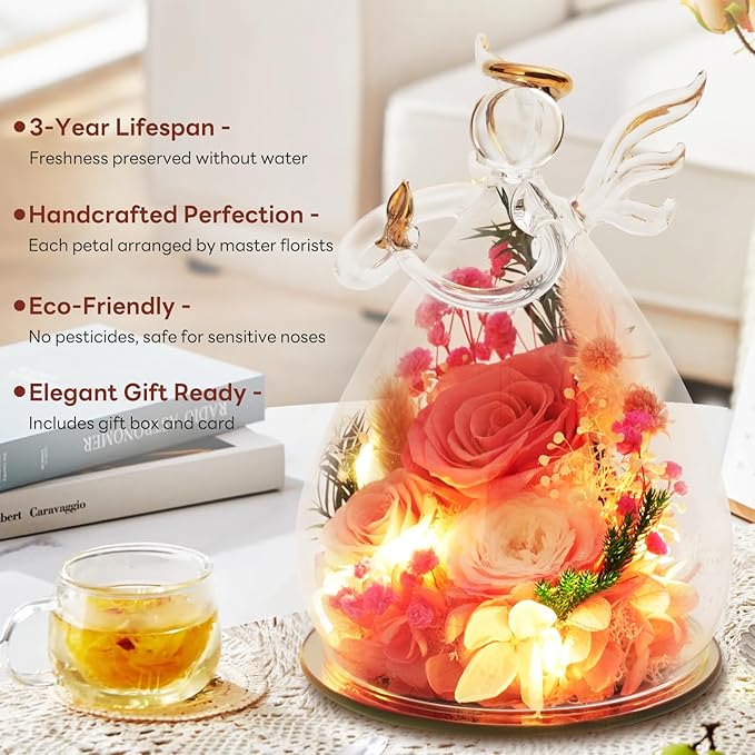 Pink Preserved Rose in Glass Angel, Sweet Birthday Gifts for Daughter Sister Girl Best Friend, Real Flower Friendship Mothers Day Presents