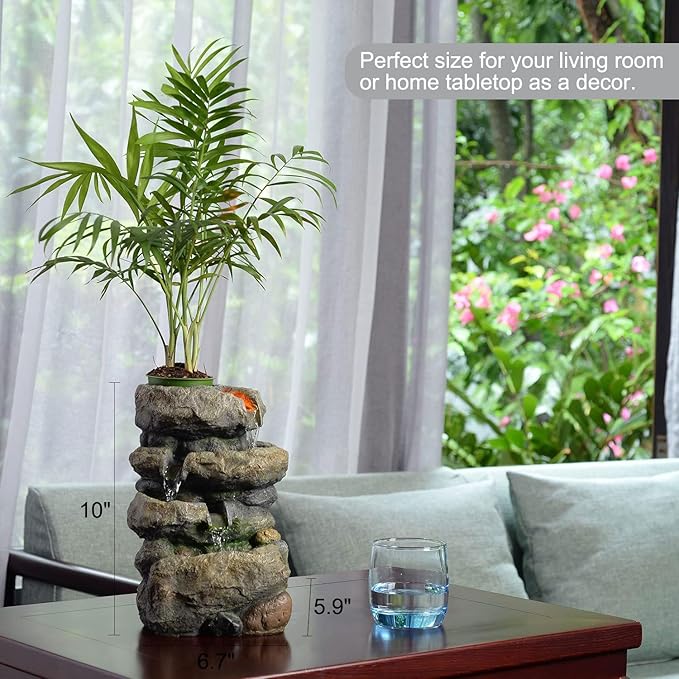 Kalona Tabletop Waterfall Fountain Rockery Fountains Soothing Sound Tabletop Fountains Home/Office Decor with a Small Plastic Pot to Grow The Plant by Yourself(Automatic Watering)(22020)