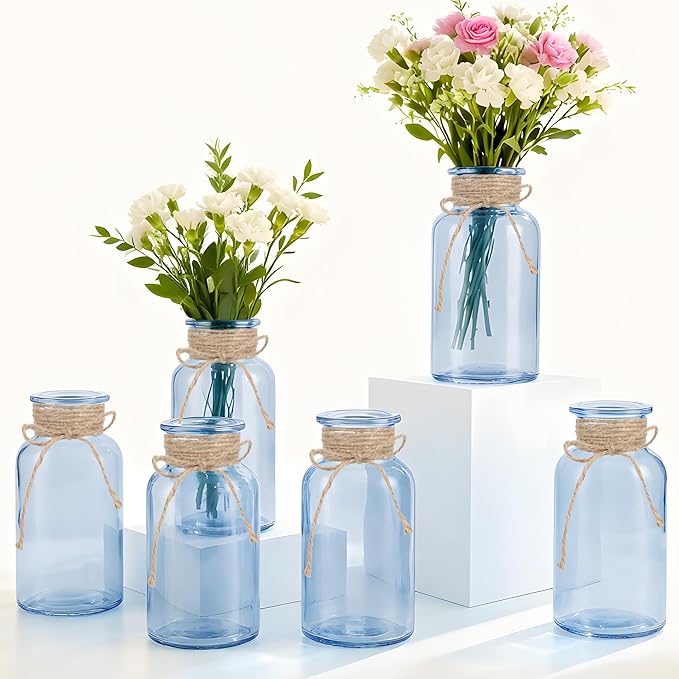 Vintage Glass Flower Vase, Farmhouse Glass Centerpiece Vases Mason Jars for Weddings, Parties & Home Decor Bulk (6, Blue)