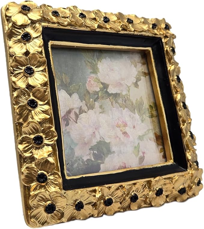 SYLVIA'S SHOP 3x3 Small Vintage Picture Frame, Mini Antique Gold Ornate Square Photo Frame, for Tabletop and Wall Display, Decorative Floral Design Retro Home Decor, Photo Gallery Art