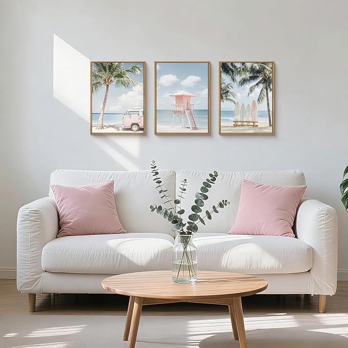 Beach Seascape Ocean Framed Canvas Wall Art Set,Modern Coastal Surfboard Palm Tree Wall Decor,Summer Pink Van Artwork for Living Room,Bedroom,Dining Room,Office -12"x16"x3