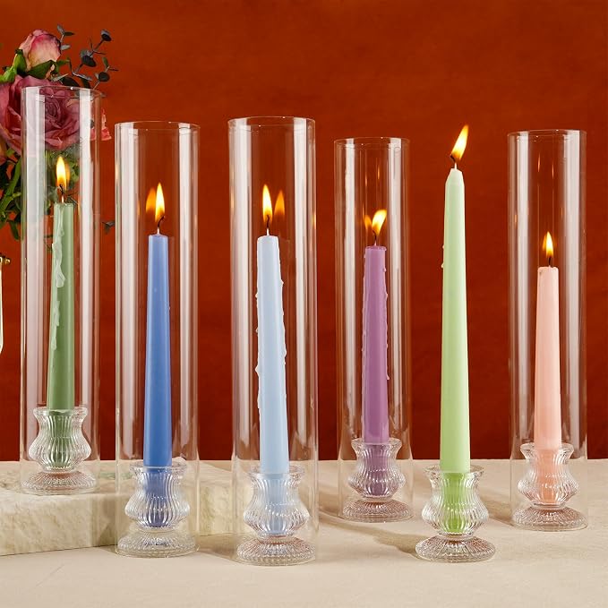 Hurricane Glass Candle Holders 10Pcs Fluted Candlestick Holders for Taper Candles with Cylinder Covers Crystal Candle Sticks Holder Decor for Wedding Birthday Christmas Table Decoration