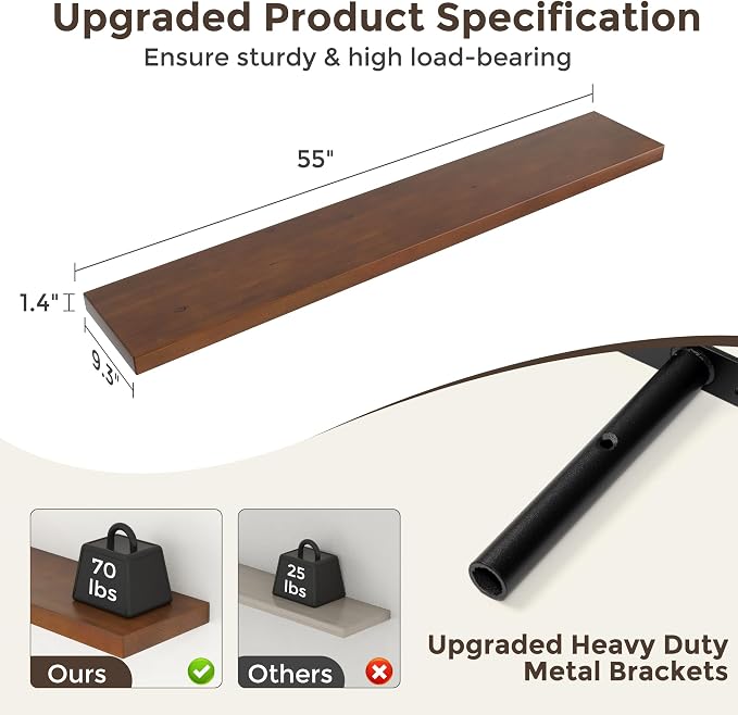 Axeman 55 Inch Floating Shelves for Wall, 9.3" Deep High End Solid Real Wood Wall Shelves with Heavy Duty Invisible Bracket for Living Room, Bedroom, Kitchen, Bathroom, Set of 1, Walnut Finish